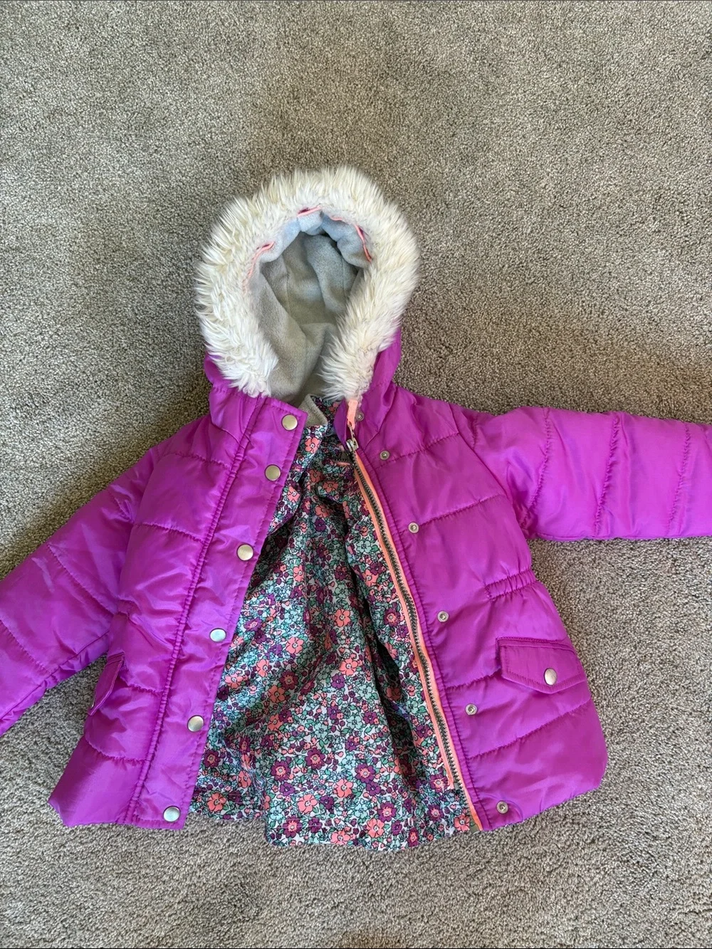 Girls' Pink Hooded Puffer Jacket with Faux-Fur Trim
